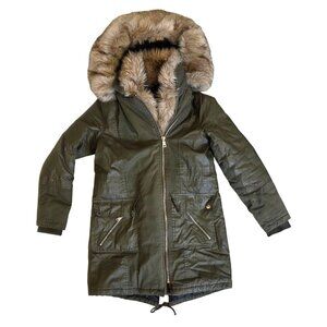 Womens Army Green Parka Coat Faux Fur Hood Zip Closure River Island UK 10/US 6